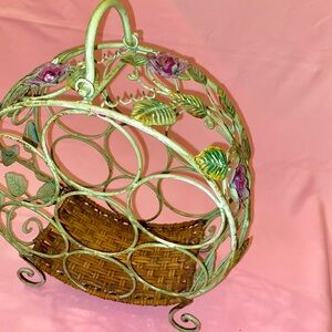 Garden Wine Rack Metal Green Garden Basket Romantic Pink Roses Rustic spring
